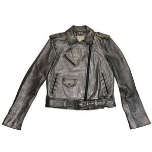 Michael Kors Metallic Silver Leather Jacket | Womens M, Moto Style EUC MSRP $595